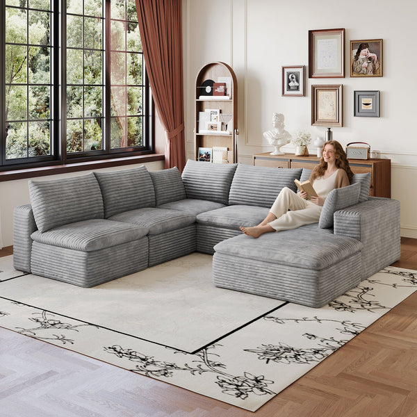 Cloud Sofa, 99 x 103 Inches, 6-Seat Corduroy, Deep Seat, Grey