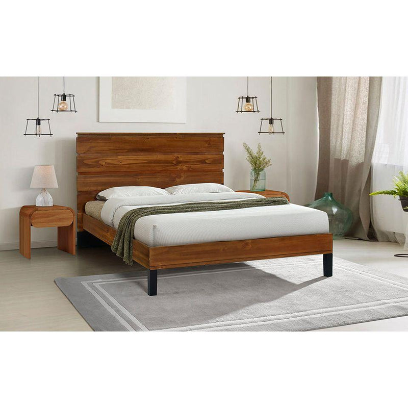 Mid-Century Modern Solid Wood Bed Frame Queen Size Platform Bed with Six-Piece Headboard Design, No Box Spring Needed, Brown