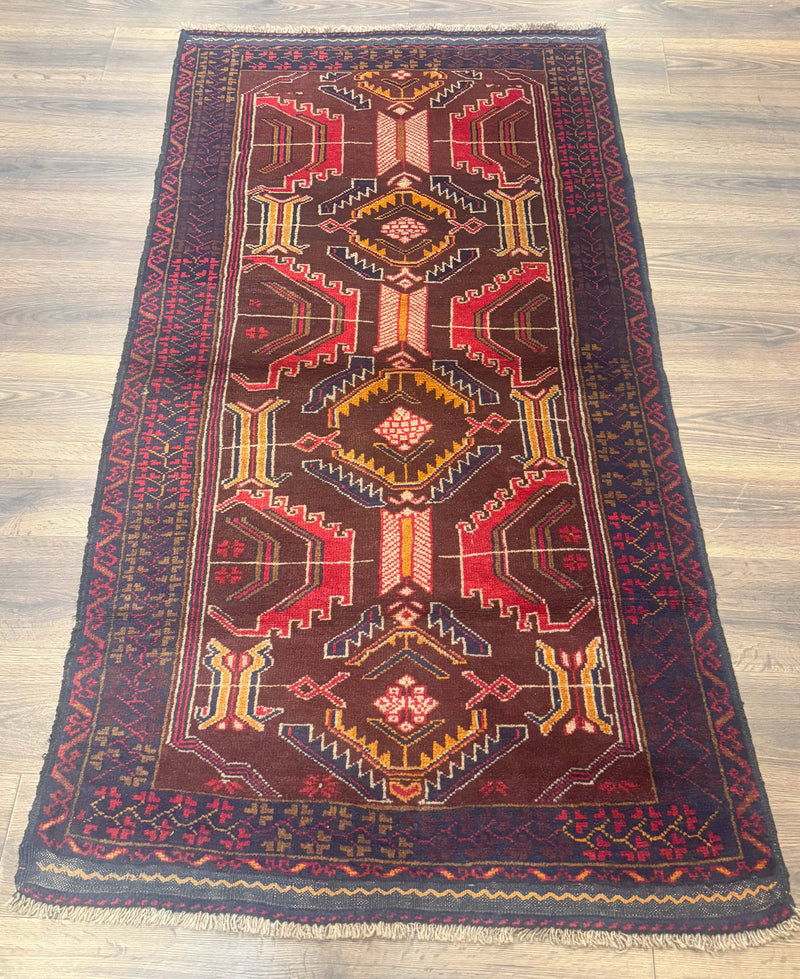 Afghan Rug 3x7, Maroon and Navy Blue, Balouch Carpet, Tribal Rug, New