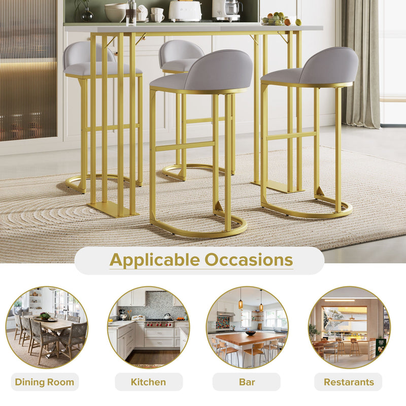 5 Pcs Bar Table and Chairs Set, Modern Gold White Table with 4 Velvet Cushion Bar Stools, Kitchen Counter High Top Table, Breakfast Table Set, Space Saving Table for Home & Kitchen, Gold Frame