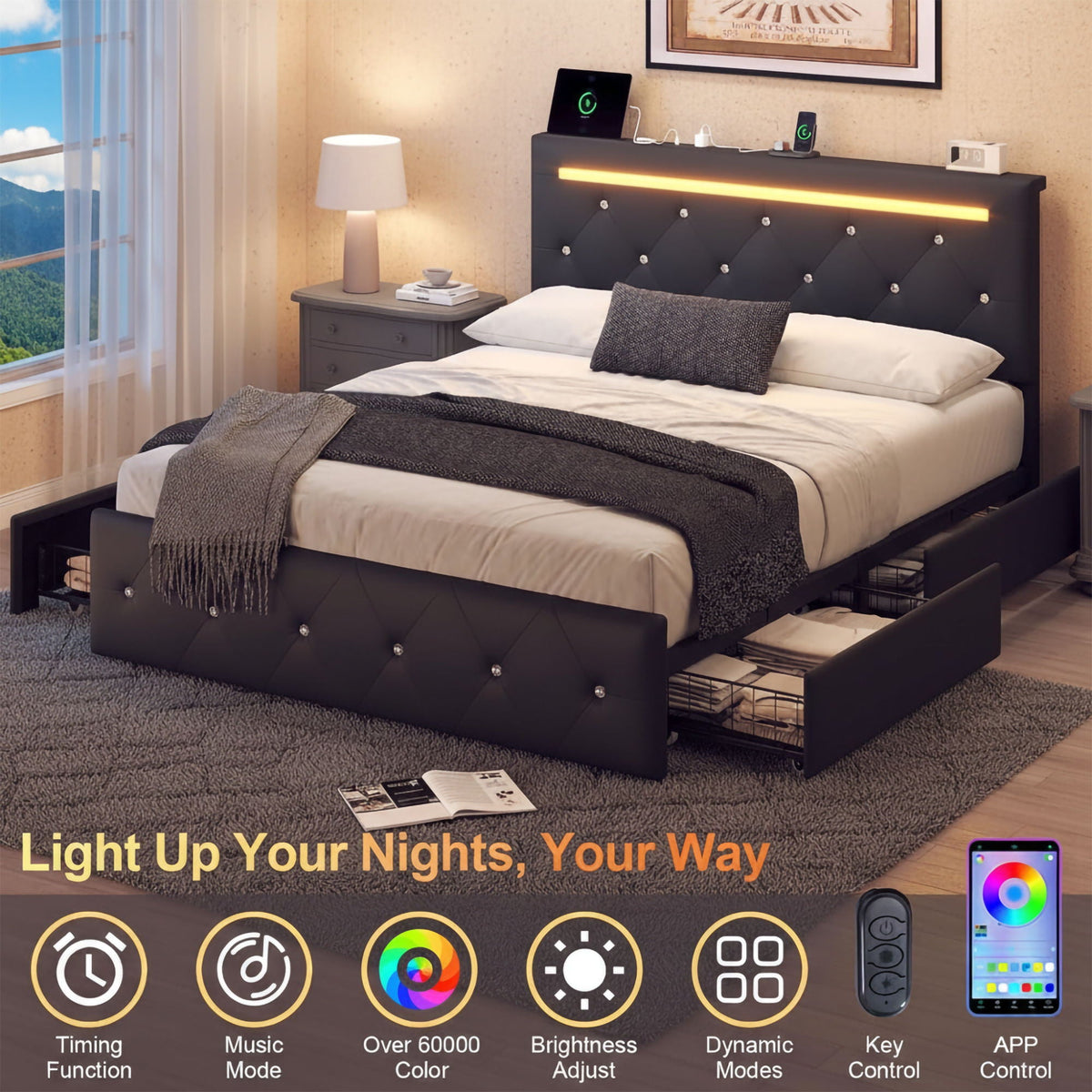 Upholstered Bed Frame With LED Lights, 4 Storage Drawers, Charging Station, photo 19 of 31