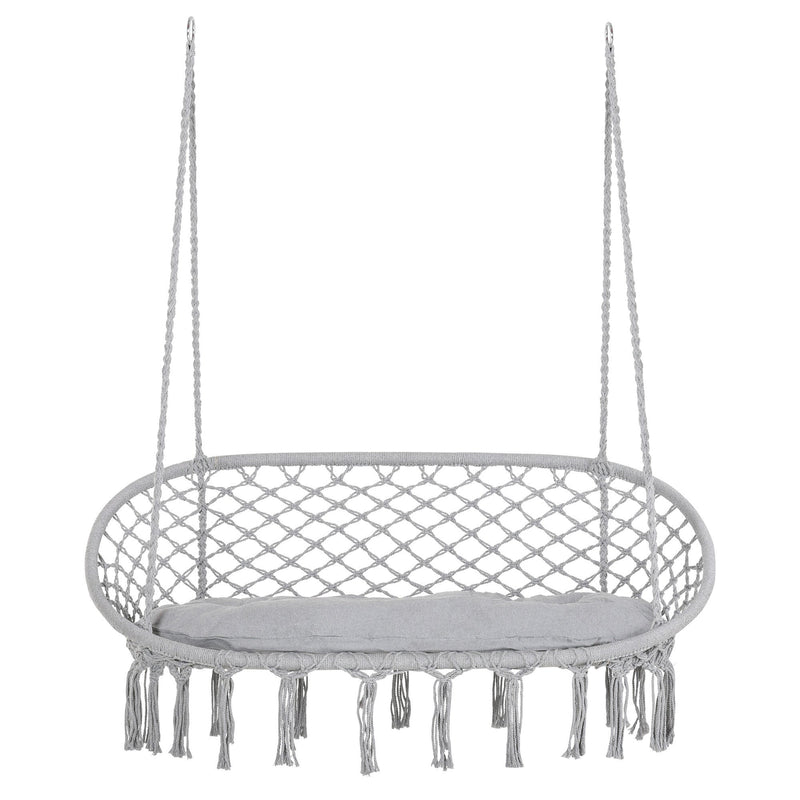 2-Person Hammock Chair Macrame Swing with Soft Cushion, Hanging Cotton Rope Chair for Indoor Outdoor Home Patio Backyard, Grey