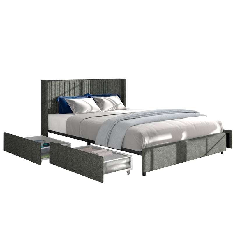 Walker Edison - Anna Queen Size Gray Linen Upholstered Wingback Platform Bed with Patented 4 Drawers Storage, Modern Design Headboard with Tight Channel, Wooden Slat Mattress Support