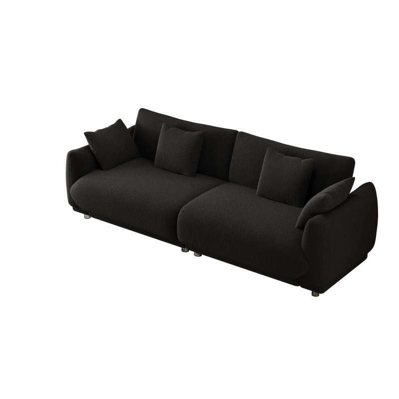 86.6 inch teddy fleece black sofa with four throw pillows hardware feet can be placed in the apartment bedroom to sit comfortably without taking up space