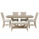 6-Piece Wood Half Round Dining Table Set Kitchen Table Set with Long Bench and 4 Dining Chairs, Modern Style, Natural