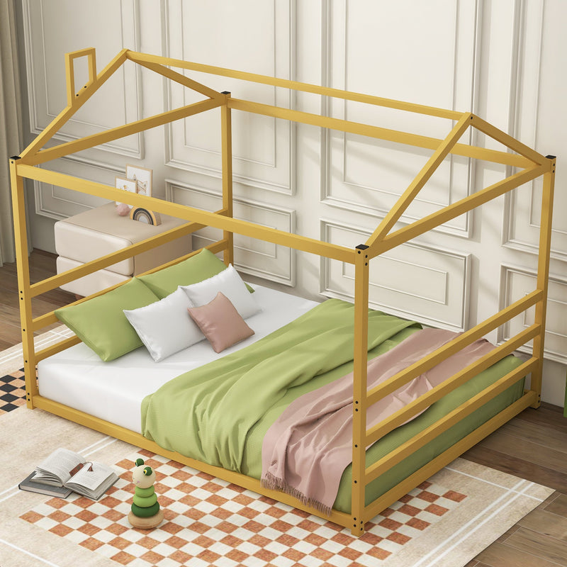 Metal House Shape Platform Bed, Gold, Queen