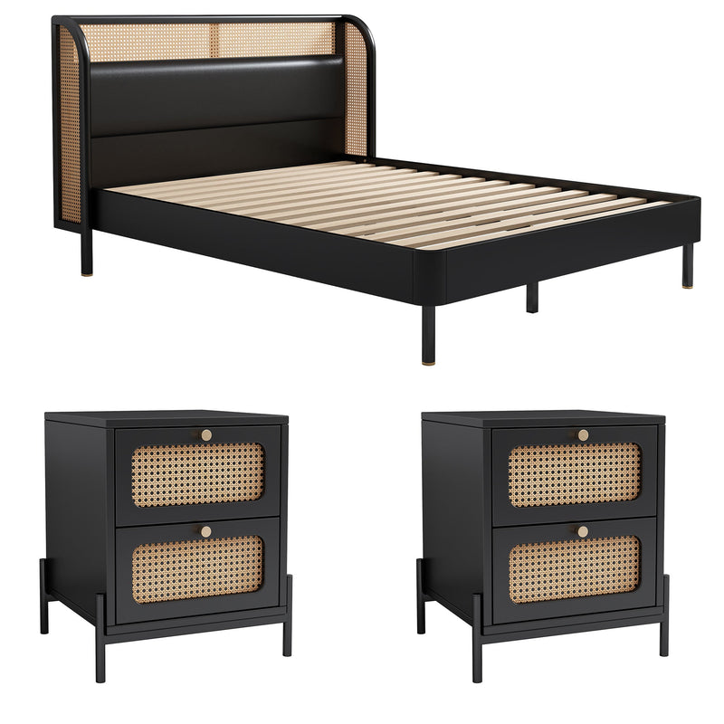 3 Pieces Modern Cannage Rattan Platform Queen Bed + Nightstandx2, Black