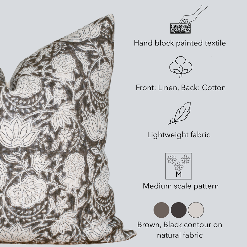 Auburn Floral Block Printed Pillow Cover | Brown
