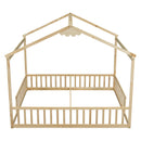 Double Twin House-Style Floor Bed with Fence, Guardrails, without door, Natural(Old Sku:W504P143318)
