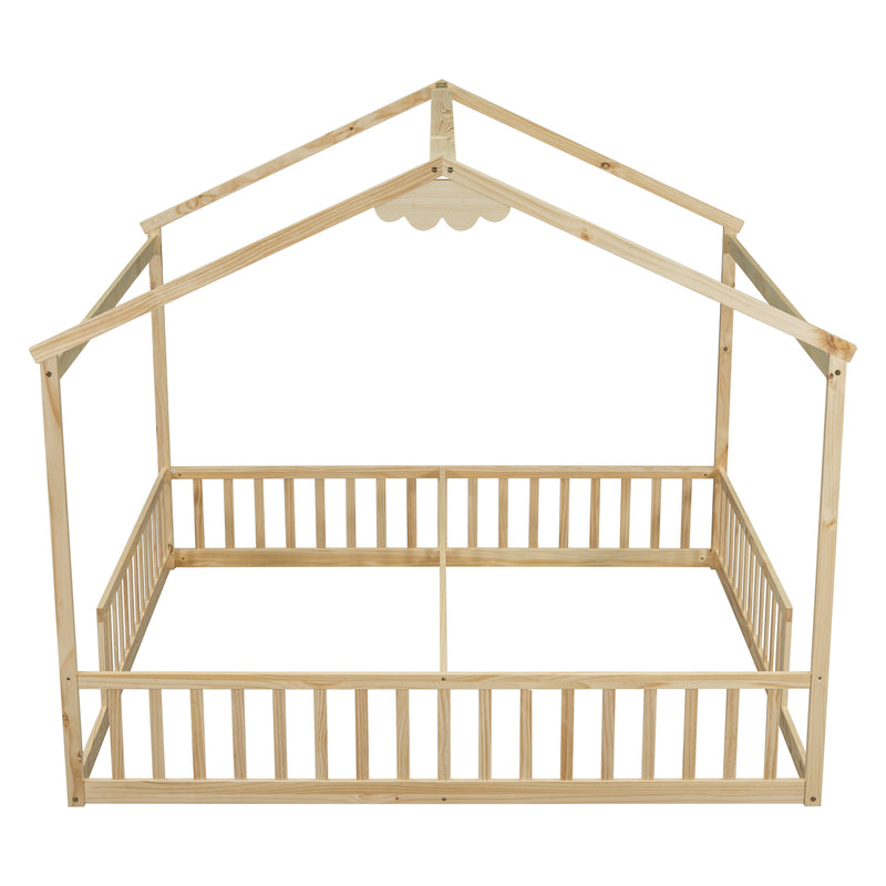 Double Twin House-Style Floor Bed with Fence, Guardrails, without door, Natural(Old Sku:W504P143318)