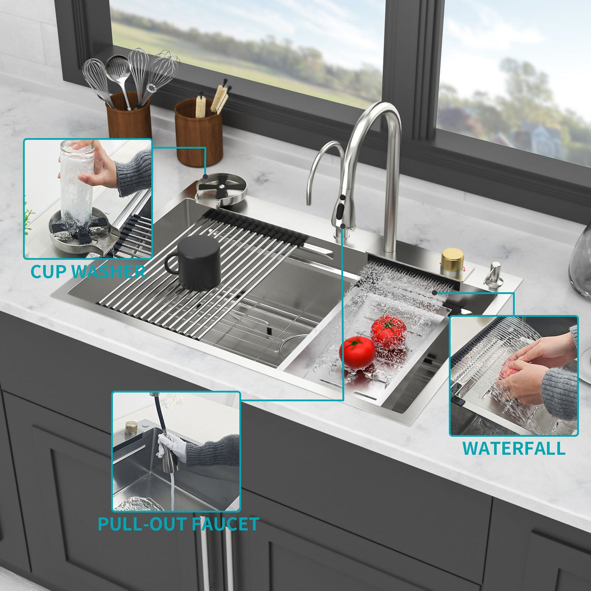 Waterfall Kitchen Sink With Pull Out Faucet & Cup Washer, photo 22 of 40