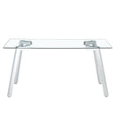 A modern minimalist rectangular glass dining table with tempered glass tabletop and silver metal legs, suitable for kitchens, restaurants, and living rooms,63"x35.4"x30"