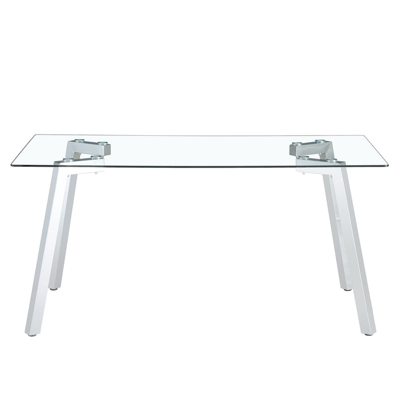 A modern minimalist rectangular glass dining table with tempered glass tabletop and silver metal legs, suitable for kitchens, restaurants, and living rooms,63"x35.4"x30"