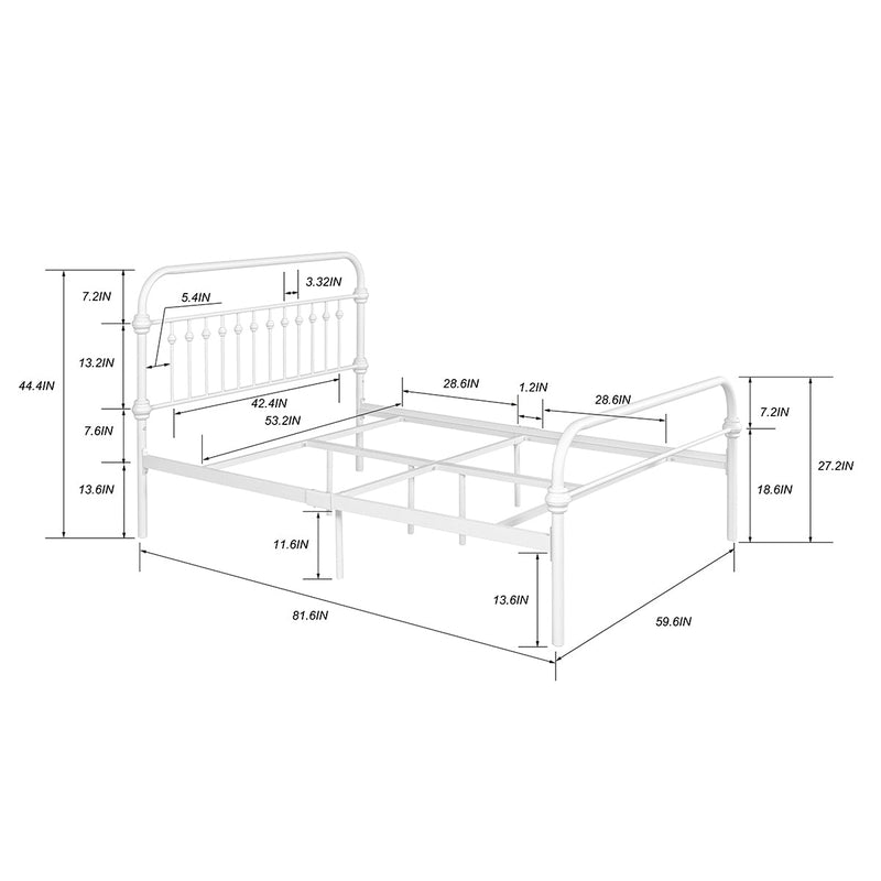 81.6" L X 59.6" W X 44.4"H Metal Bed Frame Full Size Standerd Bed Frame - WHITE