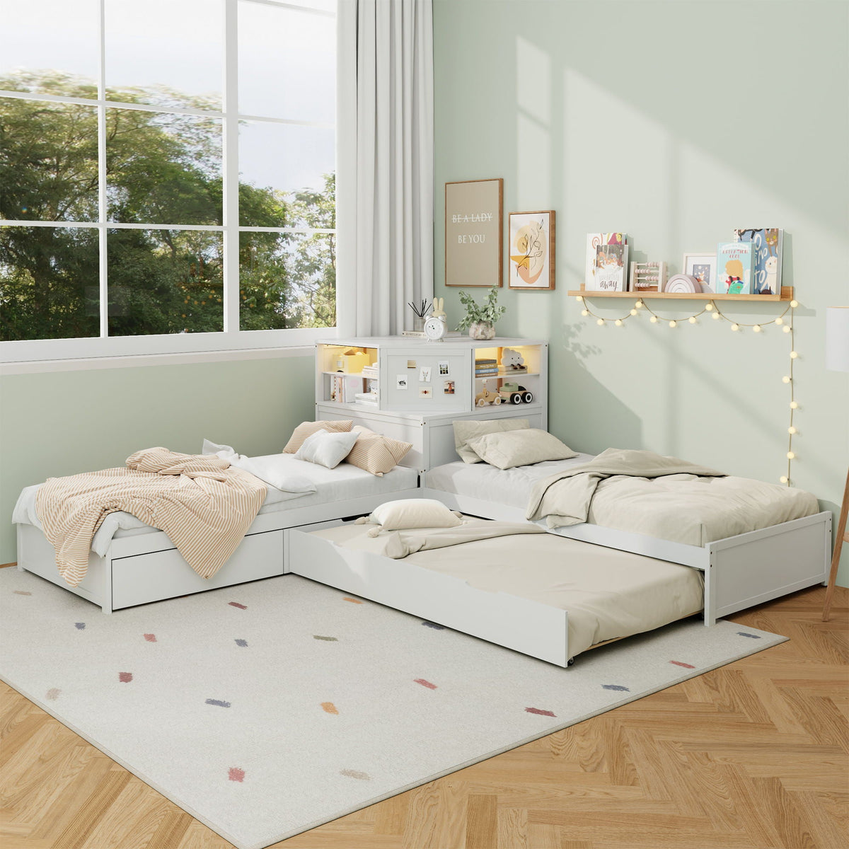 L-Shaped Bed Frame With Trundle, Built In Desk & LED Lighting, photo 18 of 31