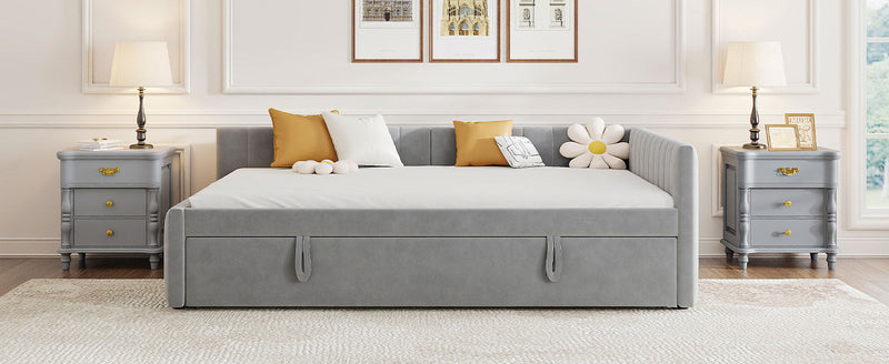 Full Size Upholstered L-Shaped Upholstered Daybed with Twin
Size Pop Up Trundle, Gray