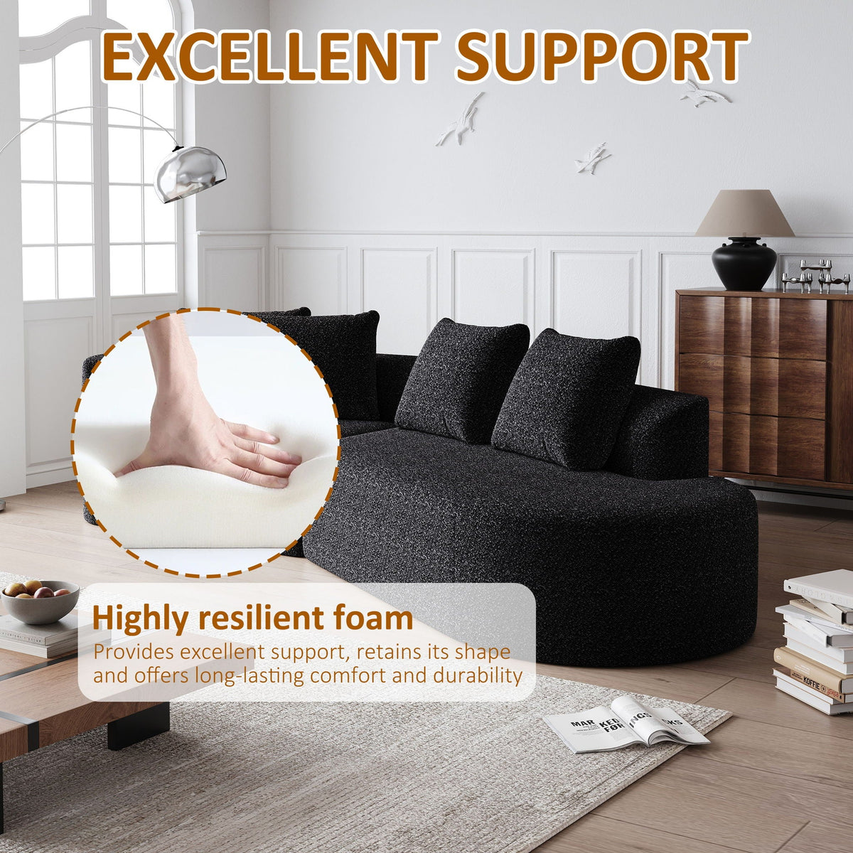 Upholstered Oversized Sectional Sofa, 4 Seater Extra Deep & Wide Curved Cloud Couch With 4 Throw Pillows For Living Room - Black, photo 12 of 23