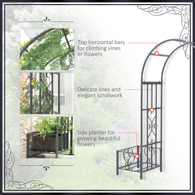 6.7' Steel Garden Arch Arbor with Scrollwork Hearts, Planter Boxes for Climbing Vines, Ceremony, Weddings, Party, Backyard, Lawn, Dark Gray