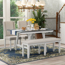 6-Piece Classic Dining Table Set, Rectangular Extendable Dining Table with two 12"W Removable Leaves and 4 Upholstered Chairs & 1 Bench for Dining Room (Gray+White)