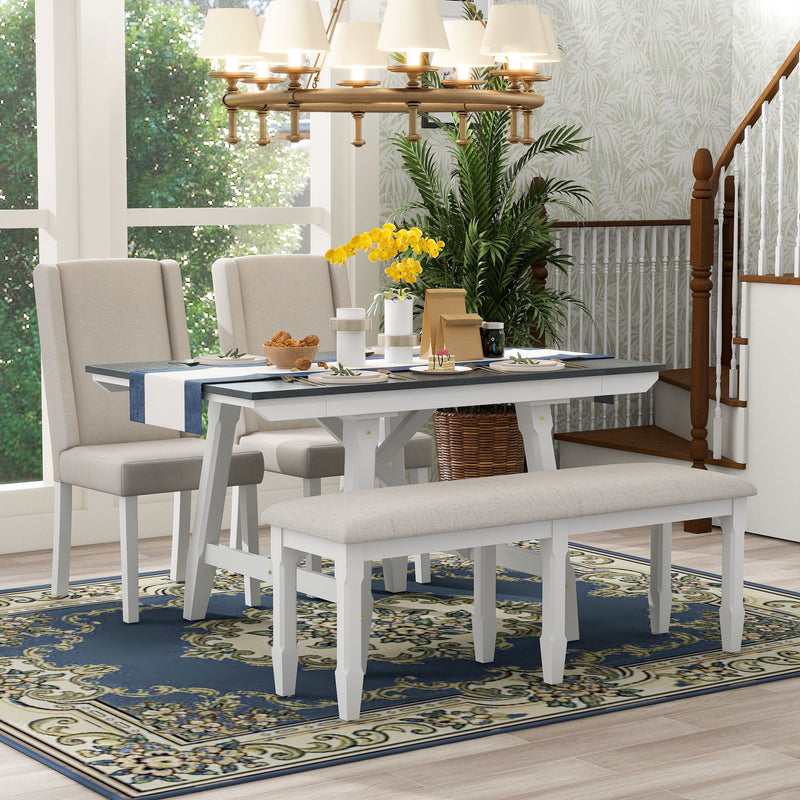 6-Piece Classic Dining Table Set, Rectangular Extendable Dining Table with two 12"W Removable Leaves and 4 Upholstered Chairs & 1 Bench for Dining Room (Gray+White)
