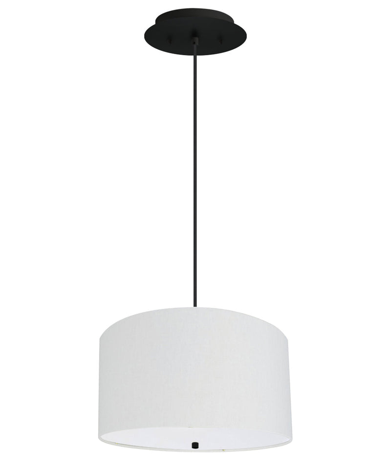 16" W 2 Light Pendant White Linen Drum Shade with Diffuser, Black Cord