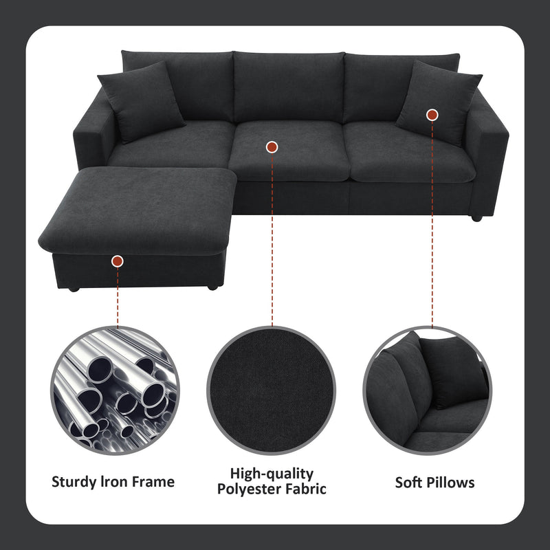 Walker Edison | Chenille Black Modern L-shape Sectional Sofa Ottoman