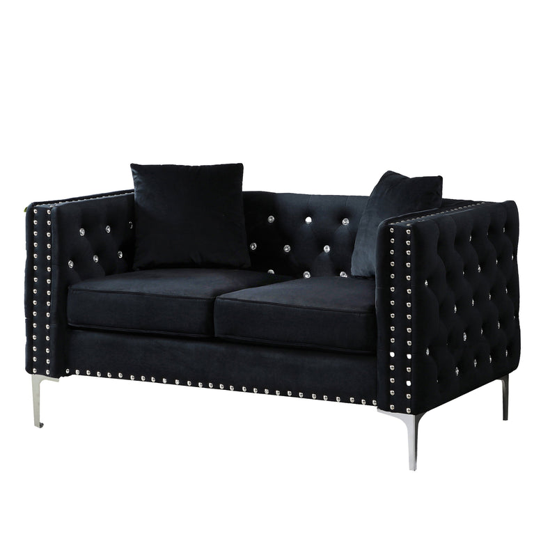 59.4 Inch Wide Black Velvet Sofa with Jeweled buttons, Square Arm, 2 Pillows