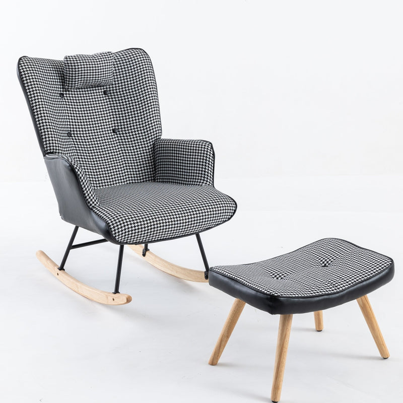 35.5 inch Rocking Chair with Footrest, Soft Houndstooth Fabric Leather Fabric Rocking Chair for Nursery, Comfy Wingback Glider Rocker with Safe Solid Wood Base for Living Room Bedroom Balcony (black)