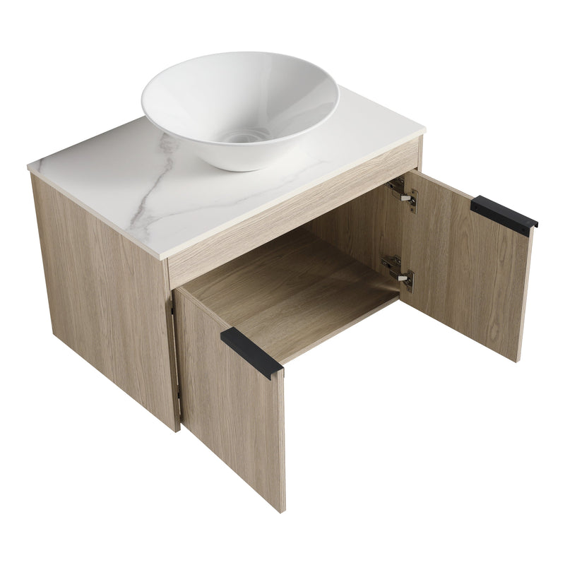 30" Modern Design Float Bathroom Vanity With Ceramic Basin Set, Wall Mounted White Oak Vanity With Soft Close Door, KD-PackingD-Packing Pieces