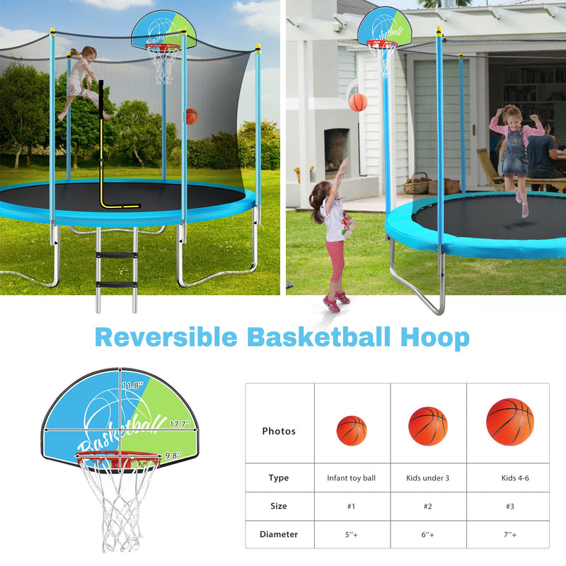 8FT Trampoline for Kids with Safety Enclosure Net, Basketball Hoop and Ladder, Easy Assembly Round Outdoor Recreational Trampoline