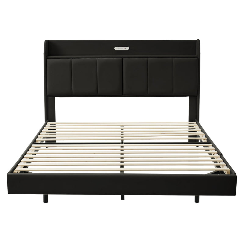 Walker Edison | Modern Upholstered Platform Queen Bed with Floating Bed Frame & Storage Headboard