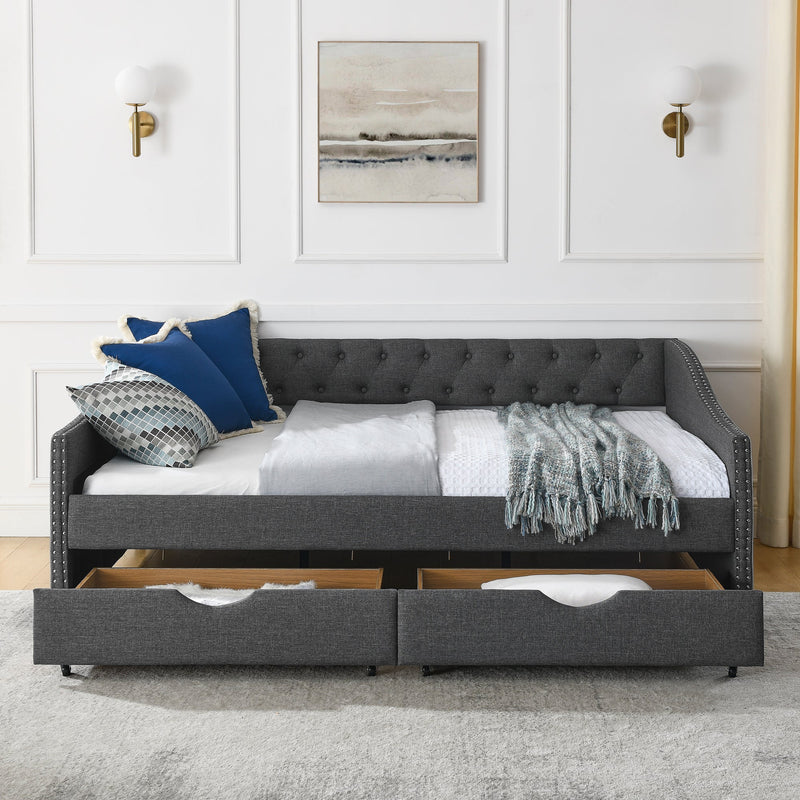 Full Size Daybed with Drawers Upholstered Tufted Sofa Bed, with Button on Back and Copper Nail on Waved Shape Arms(80.5"x55.5"x27.5")