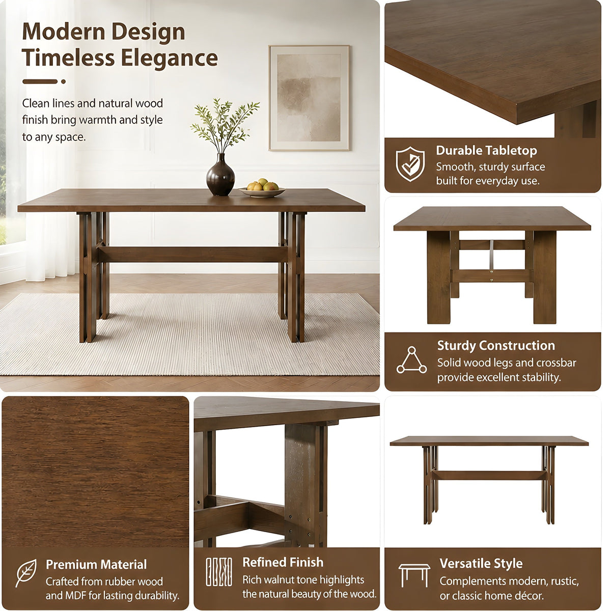 7 Pieces Modern Dining Set, Rustic Farmhouse Solid Wood Kitchen Table Set for 6, photo 3 of 10