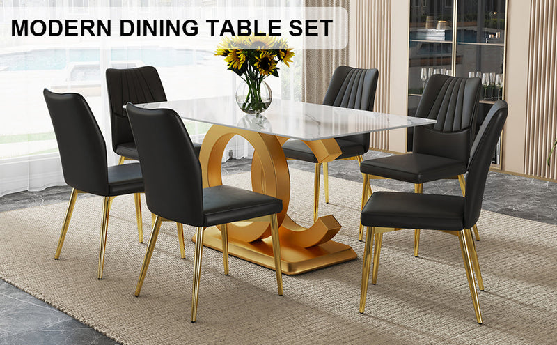 A modern minimalist rectangular dining table suitable for 6-8 people, a set of 6-piece PU leather backrest and gold metal legs modern dining chairs. F-OC