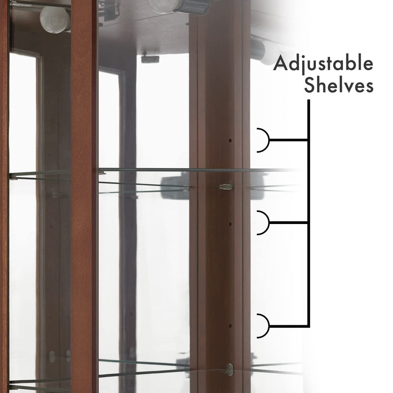 6 Shelf Corner Curio Display Cabinet with Lights, Mirrors and Adjustable Shelves, Walnut
