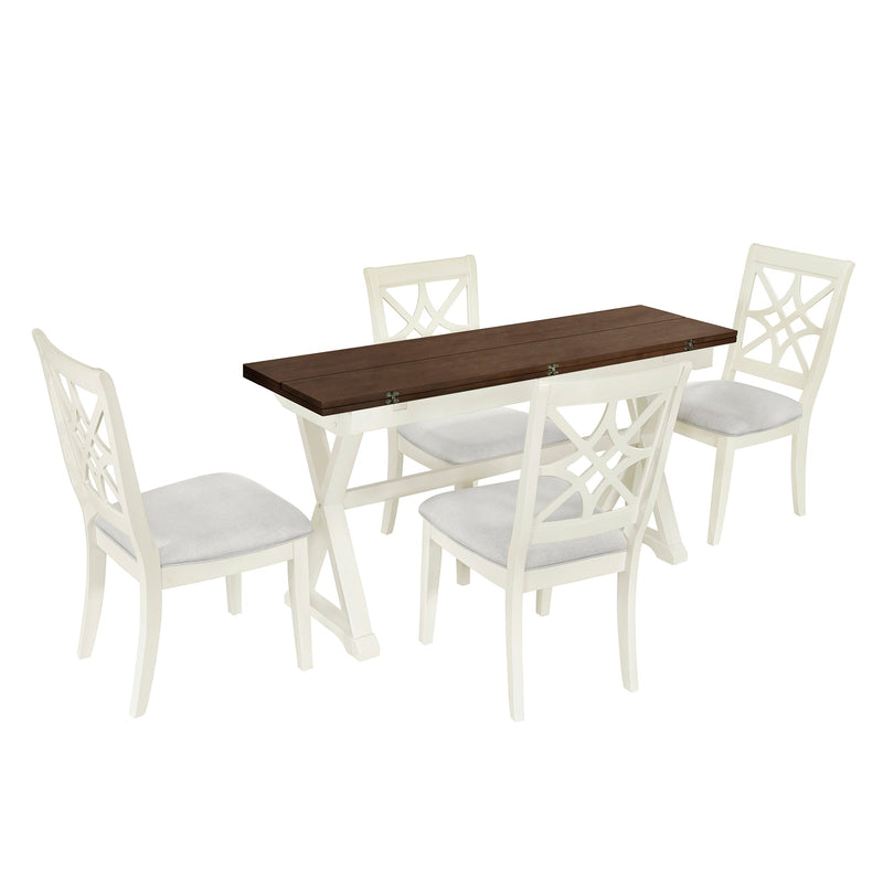 5-Piece 62x35.2inch Extendable Rubber Wood Dining Table Set with X-shape Legs,Console Table with Two 8.8Inch-Wide Flip Lids and Upholstered Dining Chairs, Beige