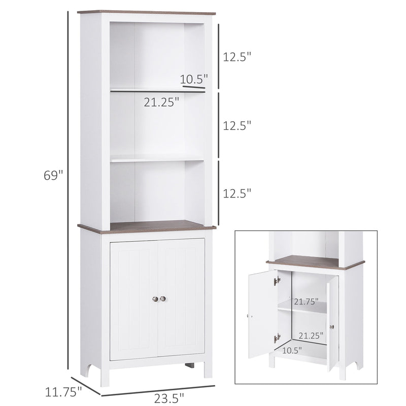 69" Freestanding Storage Cabinet, Bathroom Linen Tower, Kitchen Cupboard, Buffet Cabinet, Bookcase with Double Door 3-Tier Shelf for Home Office, White