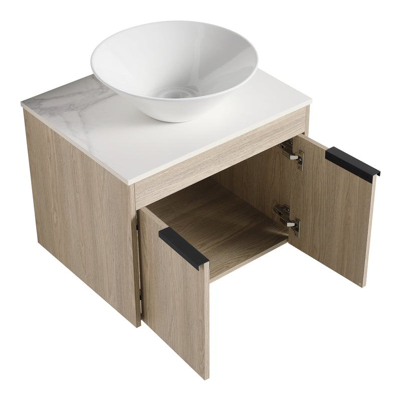 24" Modern Design Float Bathroom Vanity With Ceramic Basin Set, Wall Mounted White Oak Vanity With Soft Close Door, KD-PackingD-Packing Pieces