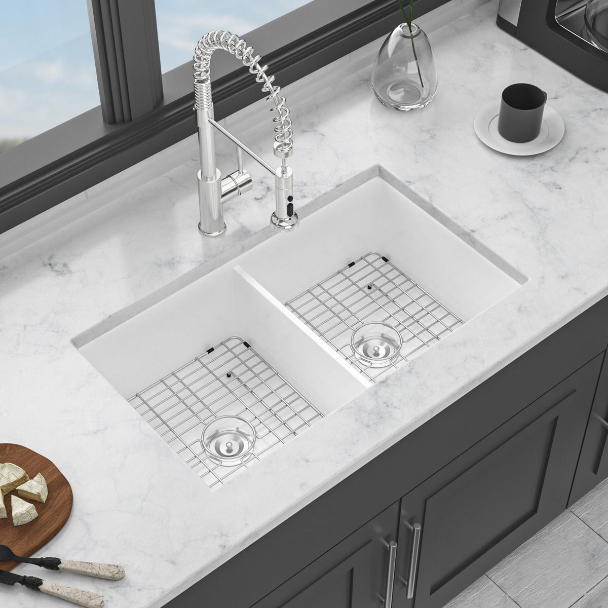 Elegant Dual Mount 32" Undermount Double Bowl Ceramic Kitchen Sink - White, photo 3 of 8
