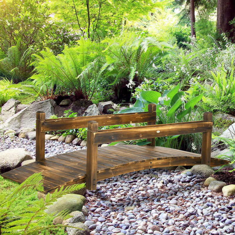 7.5' Wooden Garden Bridge with Planters, Stained Finish Arc Footbridge with Safety Railings for Backyard, Pond Stream, Stained Wood