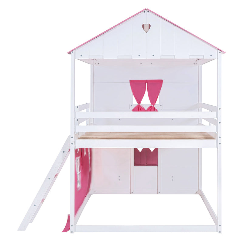 Full Size Bunk Wood House Bed with Elegant Windows, Sills and Tent, Pink+White