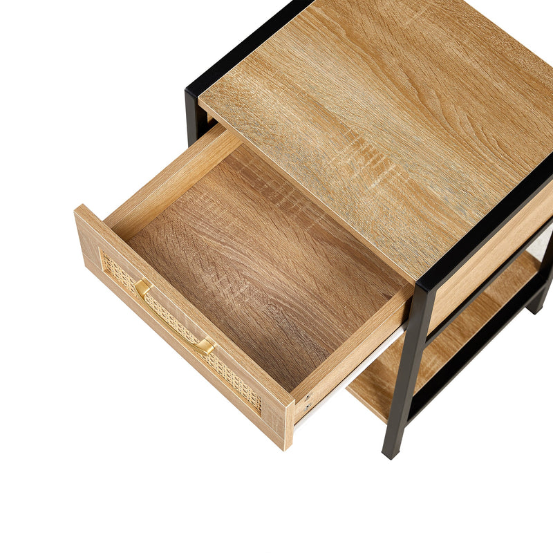 15.74" Rattan End table with drawer, Modern nightstand, metal legs,side table for living room, bedroom,natural(1 pc)