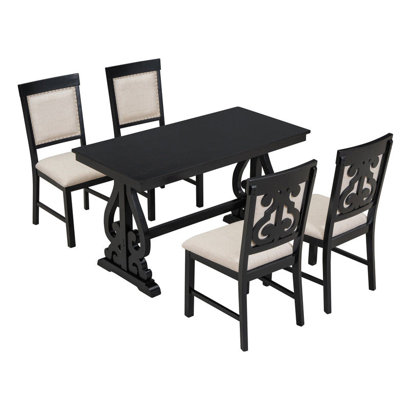 5-Piece Retro Dining Set, Rectangular Wooden Dining Table and 4 Upholstered Chairs for Dining Room and Kitchen (Black)