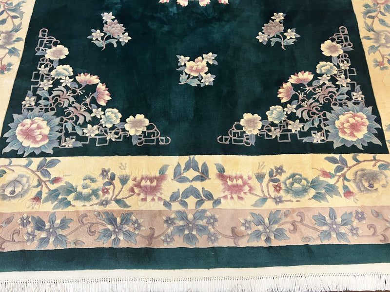 Chinese Art Deco Rug 9x12, Wool Hand Knotted Vintage Carpet, Dark Green & Cream, 90 Line Carving Rug