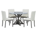 5-Piece Farmhouse Style Dining Table Set, Marble Sticker and Cross Bracket Pedestal Dining Table, and 4 Upholstered Chairs (White+Gray)