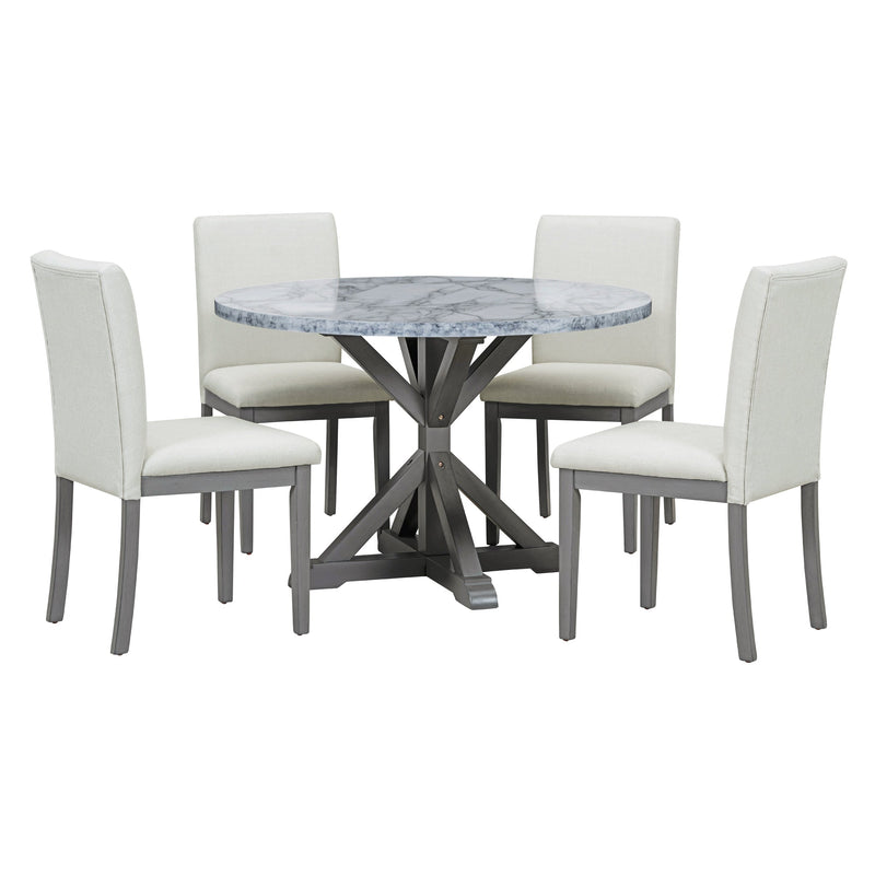 5-Piece Farmhouse Style Dining Table Set, Marble Sticker and Cross Bracket Pedestal Dining Table, and 4 Upholstered Chairs (White+Gray)