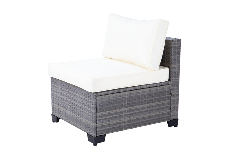 All-Weather 7-Piece Gray PE Wicker Patio Conversation Set with Beige Cushions and coffee table