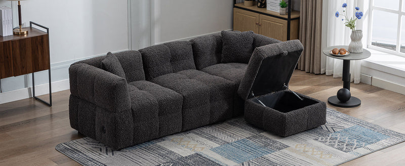 87.7" Sectional Sofa Cozy Teddy Fleece Fabric Sectional Sofa Couch with Two USB Ports a Movable Storage Ottoman and Two Lumbar Pillows for Living Room, Gray