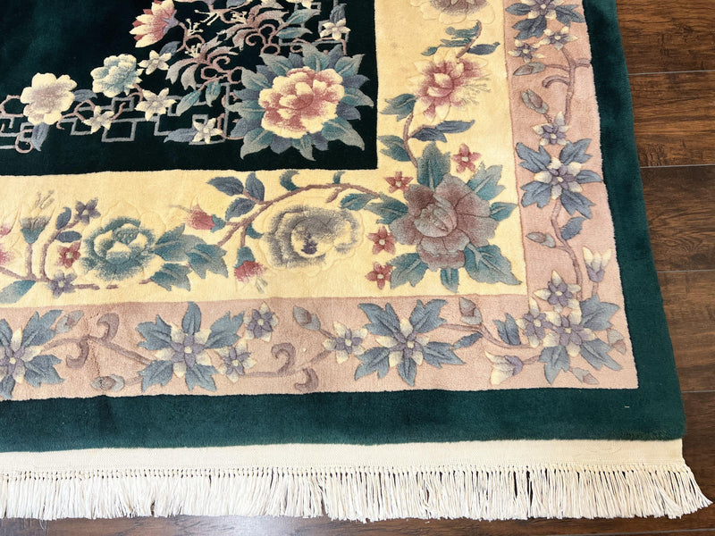 Chinese Art Deco Rug 9x12, Wool Hand Knotted Vintage Carpet, Dark Green & Cream, 90 Line Carving Rug