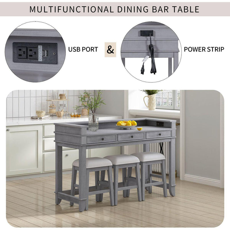 TREXM 4-Piece Dining Table Set for 3, Retro Kitchen Table and Chairs Set with 3 Storage Drawers, Ideal for Small Spaces (Gray)